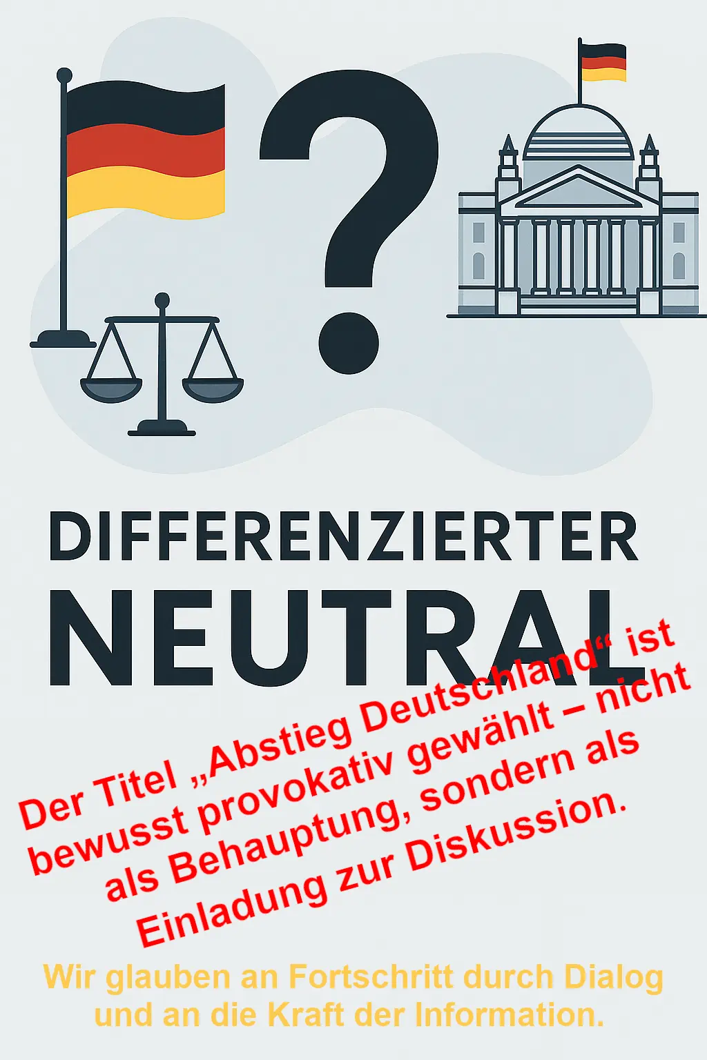 abstieg deutschland? ich glaube nicht! Illustration mit Fragezeichen und Symbolen für gesellschaftliche Themen